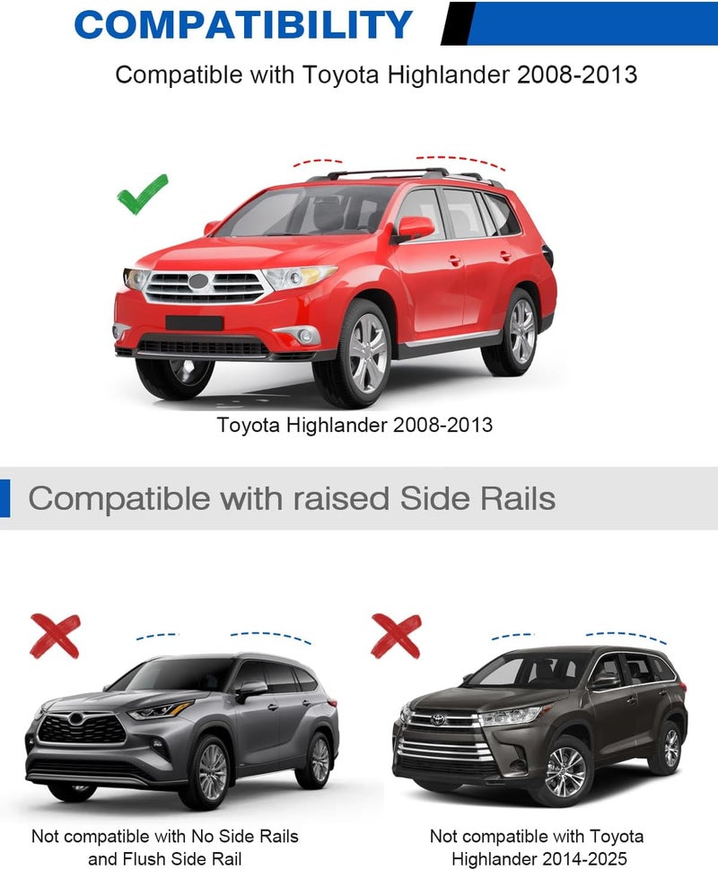 wonderdriver 300lbs Lockable Roof Rack Cross Bars Fit for Toyota Highlander 2008 2009 2010 2011 2012 2013, Heavy Duty Aluminum Lockable Roof Rails Crossbars Black Rooftop Cargo Carrier Luggage - Image 2